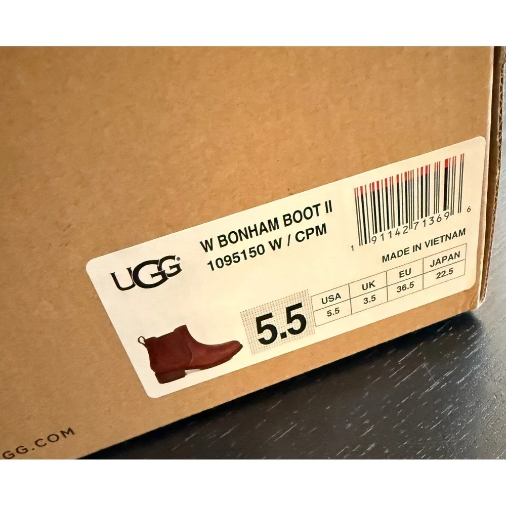 NIB UGG Bonham Boot II Women Size 5.5 Brown Leather Ankle Shearling-Lined Bootie